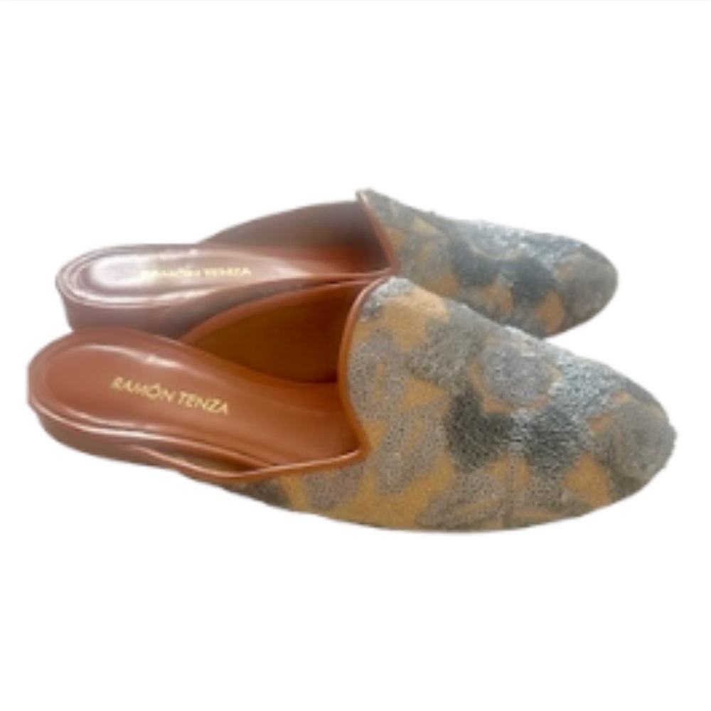 Ramon Tenza Blue Sequin Floral Design Loafers Mules Flats Size 6.5 - Picture 3 of 11